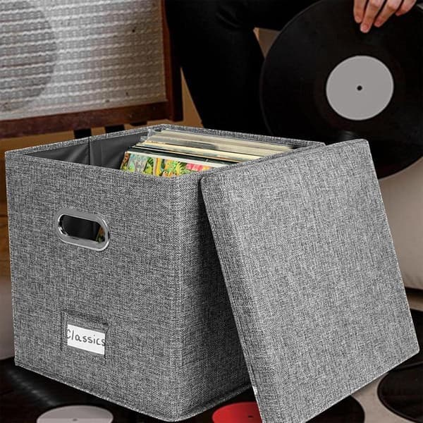 Opbevaringsboks til vinylplader i linned, sammenklappelig med låg, støvtæt