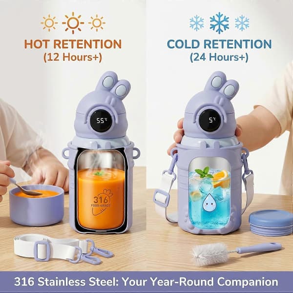 Isoleret 316 rustfrit stål vandflaske, rustfrit stål børnevandflaske, 500 ml vandflaske til piger med smart temperaturdisplay, inkluderer C Blue