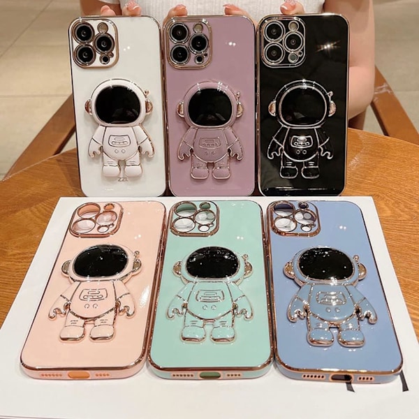 6D galvaniserad astronaut dold stativfodral för iPhone Kvinnlig astronaut hopfällbart stativ iPhone-fodral med kameraskydd Mjuk TPU stötsäker Green iPhone XS