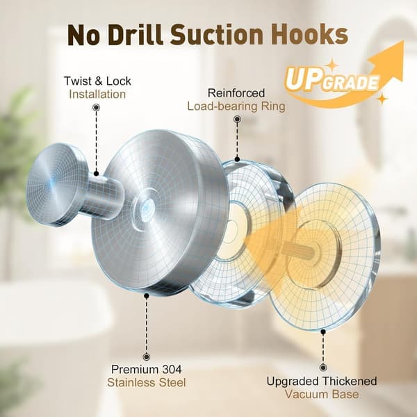 Upgraded Suction Cup Hooks 2-pack - Heavy Duty Reusable Drill-Free Hooks for Doors, Tiles, Glass & Mirrors (Silver)