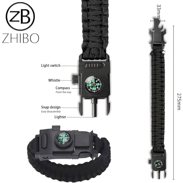 Multifunktionell armbandskompass Paracord armband Överlevnadsarmband