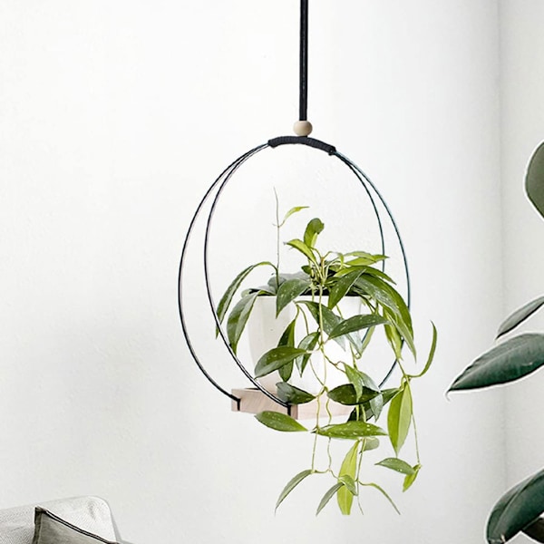 Hängande planter med träbas, Macrame hängande växtkruka, Dekorativ blomkrukahållare, Växt hängande kruka för vägg, fönster, Boho gold