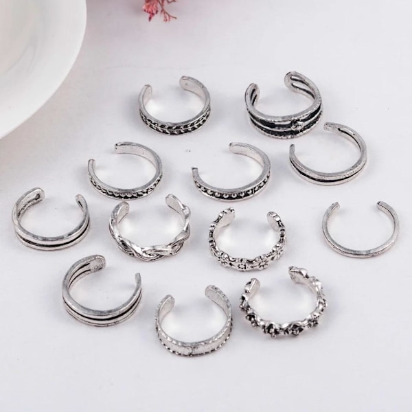 12-pack Boho Silver Ringar / Tåringar - Justerbara Silver