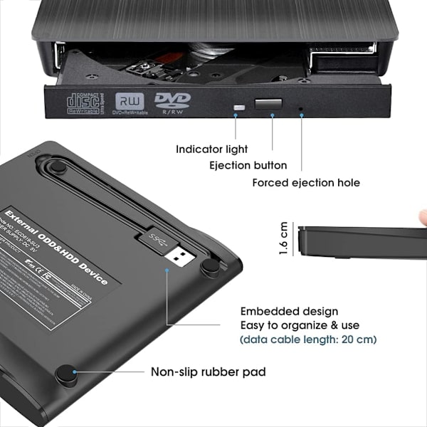 Extern CD DVD +/-RW-enhet USB 3.0 Protable USB DVD/CD ROM-brännare Optisk enhet Spelare Läsare Skrivare Bärbar dator Stationär dator, Mac MacBook Pro/Air,
