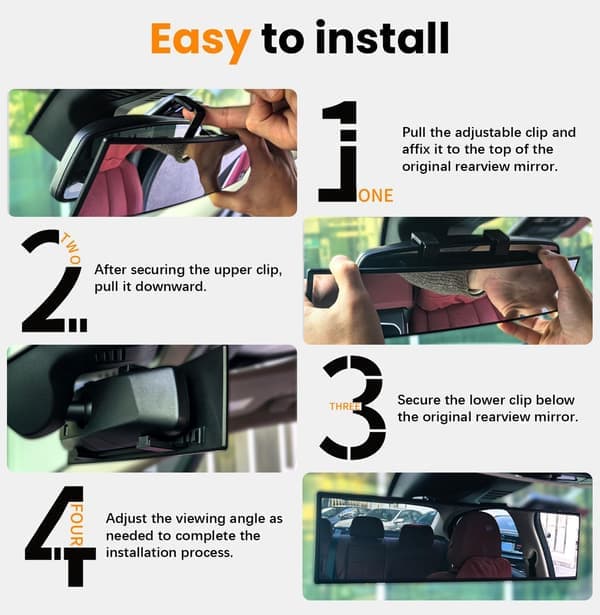 Panoramic Car Rear View Mirror Universal Extender Convex 12 Inch | Chrome Anti-Glare Clip-on Mirrors Wide Angle Large Rearview Mirror Interior