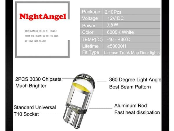 T10 w5w 6000k LED-lampor med 1 st. COB LED-chip, 12V DC, 10-pack. Vit white