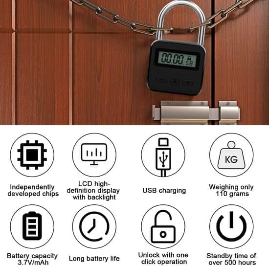 Time Lock - Digital Time Lock - Smart Time Lock with LCD Display - USB Security Padlock - Heavy-Duty Metal Electronic Timer Lock - Max. 99 Hours