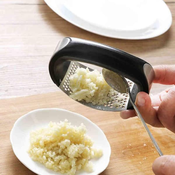 Garlic press in stainless steel with handle, reversible