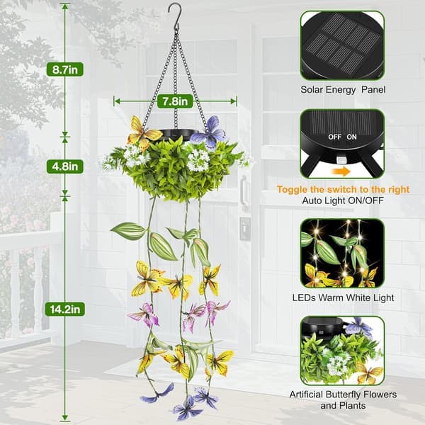 Solar Powered Hanging Garden Lights 2-pack - LED String Light with Artificial Butterflies and Flowers, IP65 Waterproof Outdoor Decor