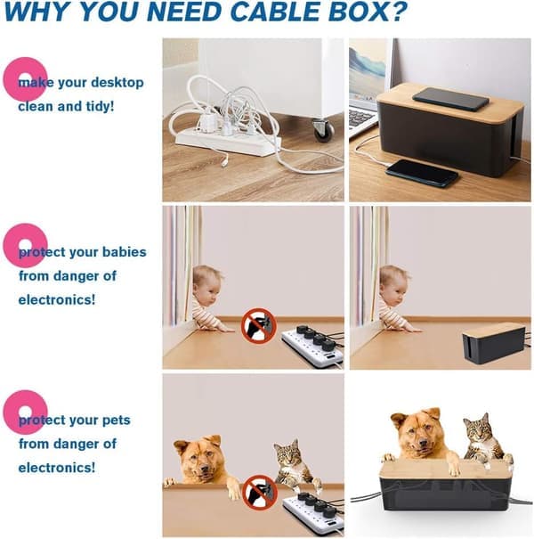 Cable Management Box/Storage Box with Bamboo Lid, Large Cable Organizer and Holder for Use with Desks, TVs, Computers, and USB Hubs.