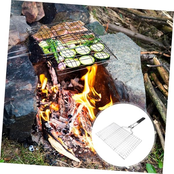BBQ grillnett i rustfritt stål, sammenleggbart med håndtak, for utendørs grilling