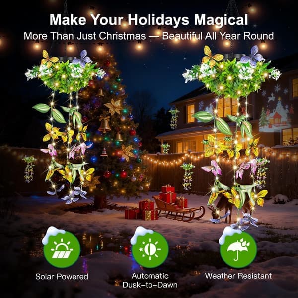 Solar Powered Hanging Garden Lights 2-pack - LED String Light with Artificial Butterflies and Flowers, IP65 Waterproof Outdoor Decor