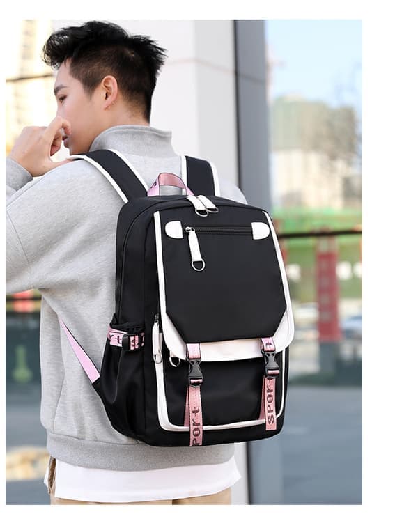 School Bag Large Capacity Backpack Multi-layer Shoulder Bag - Black with White