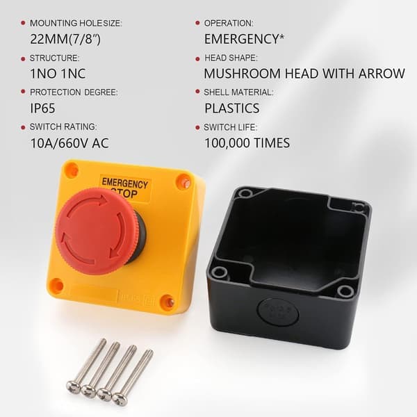 Emergency Stop Switch with Enclosure 660V 10A Red Mushroom Push Button NC Only 1NC IP65 Waterproof Weatherproof Surface Mount Emergency Stop Station