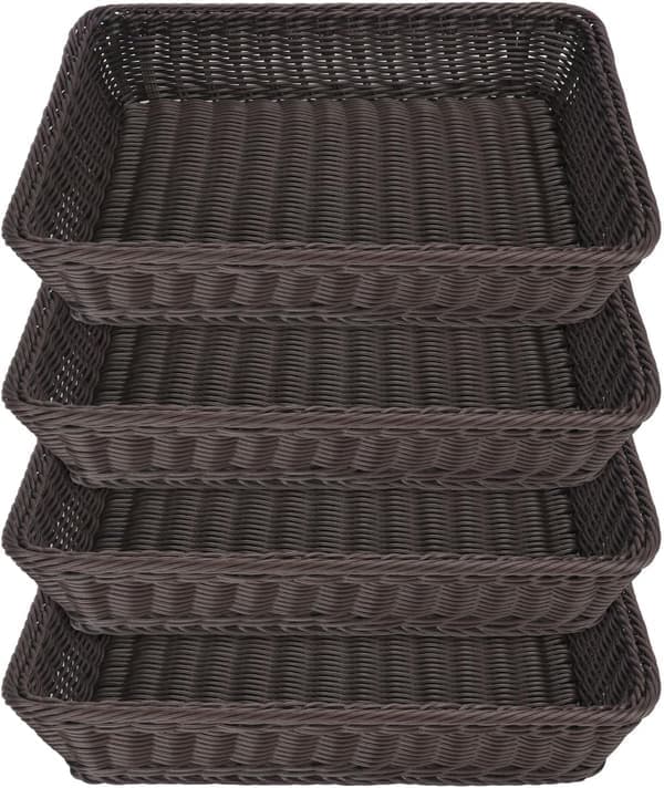 Poly Wicker Baskets 4-pack 16 inch Coffee Large Woven Baskets Storage – Rustic Durable & Easy-to-Clean Bread Baskets for Home, Restaurant & Hotel Use