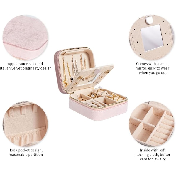 mu Mini Smyckeskrin Organiser, Bärbar Resesmyckeskrin, Sammets Dubbelskikts Smyckespåse med Spegel, Ringar Örhängen Halsband Armband Jewelr Pink Pink