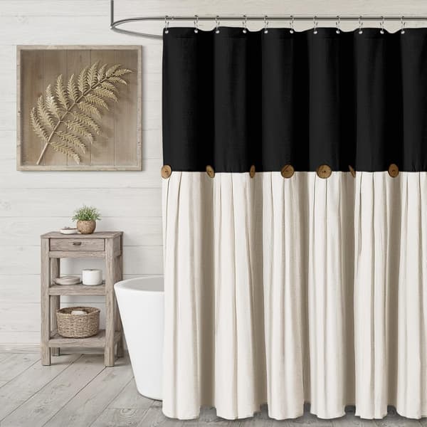 1 linned badeforhæng med knapper – 91 × 183 cm – Velegnet til badeværelsesindretning i landlig stil – Sort og beige patchwork