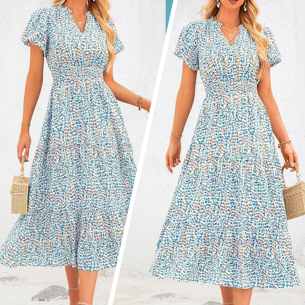 Sommarklänning maxi för kvinnor, casual V-ringning, puffärm, smockad, volang, flytande strandklänning, boho, lång, blommig