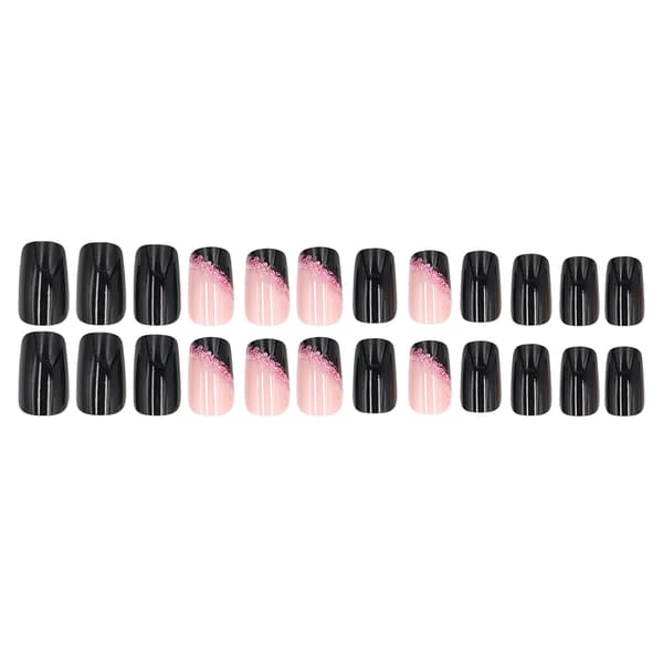 False Nails Medium Square Black False Nails Artificial Acrylic Nails Pink Glitter Powder Sequins Design French False Nails Full Coverage Gloss