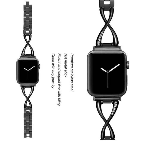 Kompatibel med Apple Watch Band för kvinnor, Smyckesbyte i metall Armbandsrem Bling Band för iWatch 38mm Elegant svart