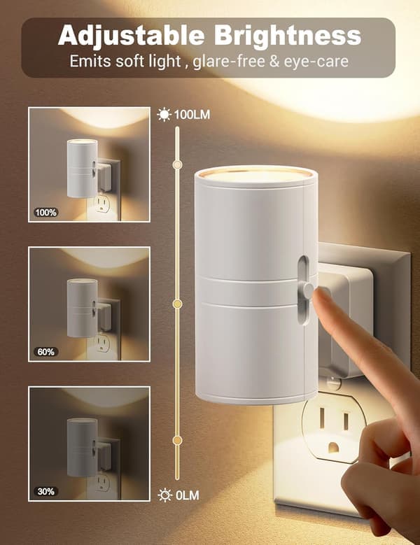 Wall-mounted adjustable night light with light sensor warm white 3000K brightness adjustable from 0-100 lumens two-pack.