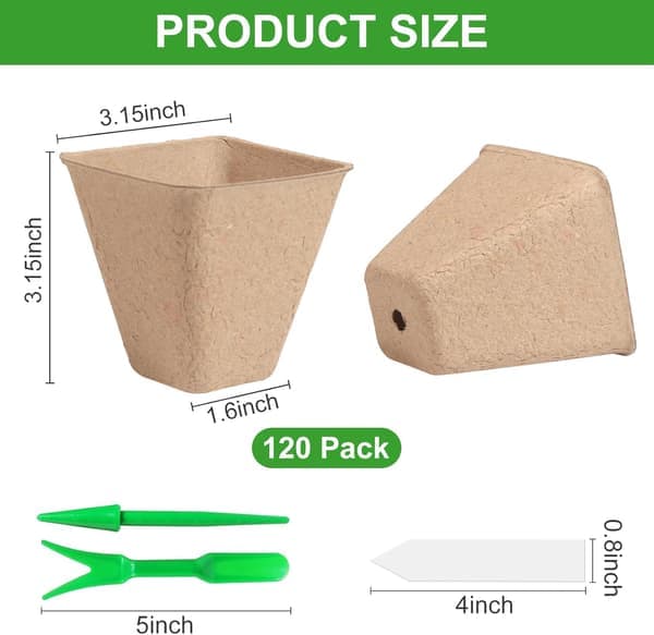 50 Biodegradable 3-inch Square Peat Pots with Labels for Outdoor Plant Nurseries