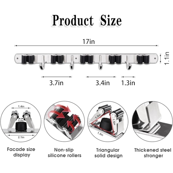 5 ställningar och 4 krokar kvastorganisatör förvaringsverktyg ställningar rostfritt stål kraftiga krokar självhäftande fast halkfri för hem kök trädgård tvättstuga