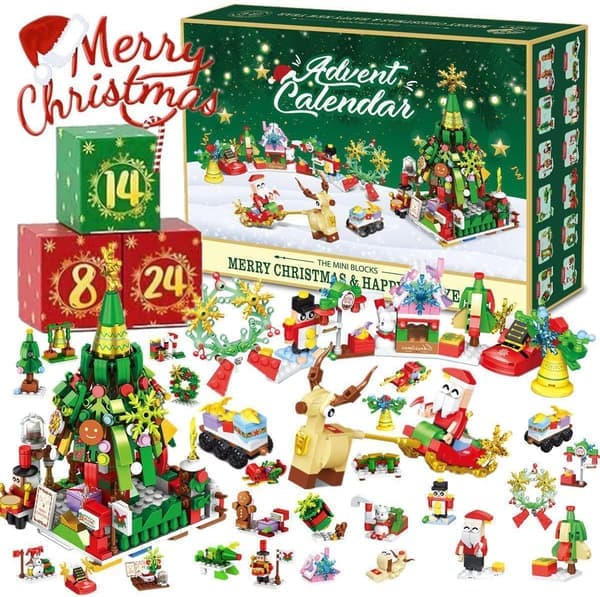 Christmas Calendar Building Blocks Set, 24-Day Countdown Tree with Decorations, Christmas Building Kit (A)
