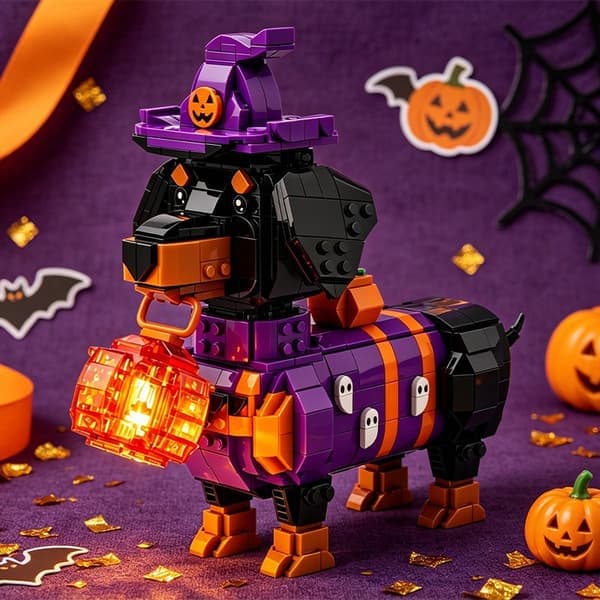 2026 Cute Halloween Dachshund Brick Model, LED-Lit Pumpkin Lantern Design Building Blocks, Festive Desk Decoration & Creative Assembly Gift