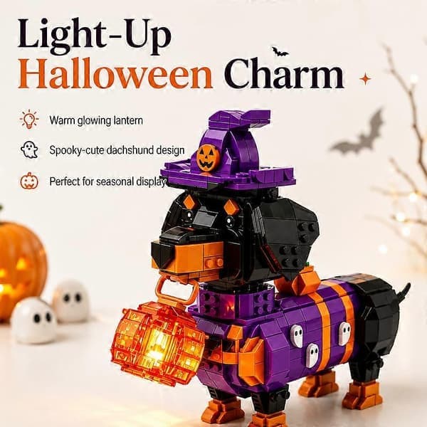 2026 Cute Halloween Dachshund Brick Model, LED-Lit Pumpkin Lantern Design Building Blocks, Festive Desk Decoration & Creative Assembly Gift