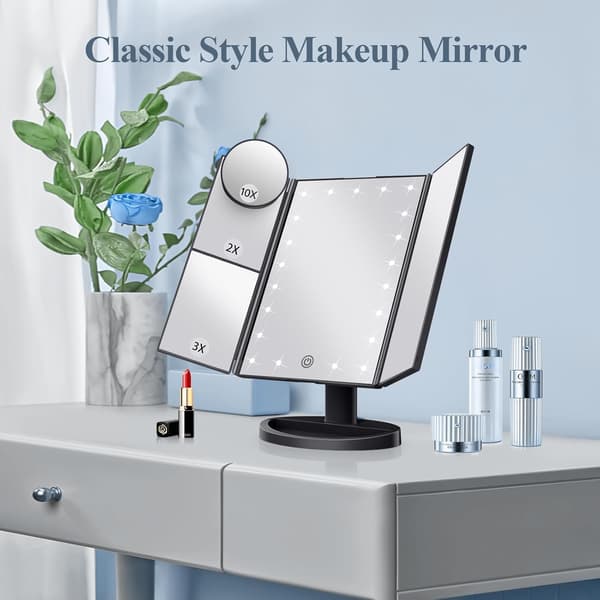 A makeup mirror with built-in light with 2x, 3x, and 10x magnification, touch controls, a tri-fold design, and dual power supplies. Black