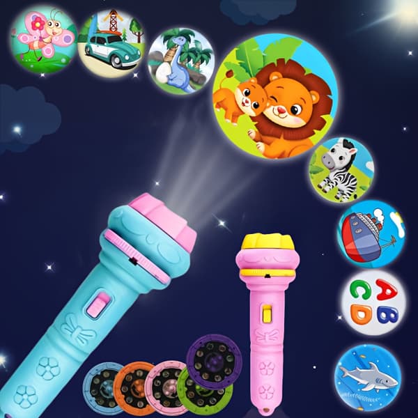 Mini Projector Flashlight with 3 Slides with 24 Different Patterns Including Animals, Dinosaurs, Vehicles, and Space, Perfect for Halloween Blu Blue 1 flashlight+3 projector card