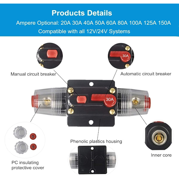 30A 40A 50A 60A 80A 100A 150A Audio Kretsbrytare Auto Bilstereo Inline Säkringshållare Inverter, Manuell Återställning 12V-24V DC för Bil Marin Båt