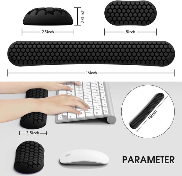 Tastaturets håndledsstøtte har et bikagedesign og en ergonomisk designet håndleds- og musemåtte. Black