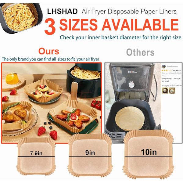 Air Fryer Engångspapper Liner Square 9 Tum, 125 st Stora Kvadratiska Air Fryer Pappersfoder för 6-10QT Air Fryer