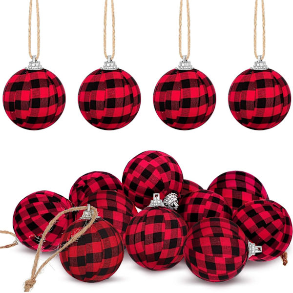 Bondehus Buffalo Plaid Tygboll Ornament Dekorativa Plaid Boll Ornament Hängande Ornament för Bondehus Dekoration Tillbehör (Vit och Svart, 12