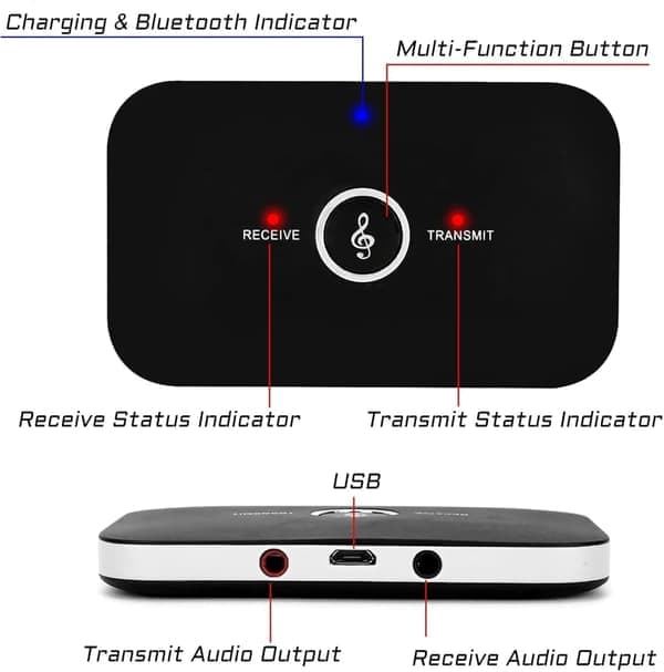 Bluetooth 5.0 Transmitter Receiver 2-in-1 Auxiliary Audio Adapter with Auxiliary 3.5mm R/L Cable for TV/Airplane/Speakers/Bluetooth Headphones