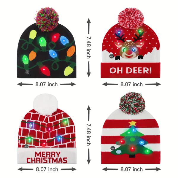 4 stk LED-belyste julehatter - Festlige strikkede vinterhatter med glitteraksenter, perfekte for voksne og barn, jule- og nyttårsfeiringer Red Style