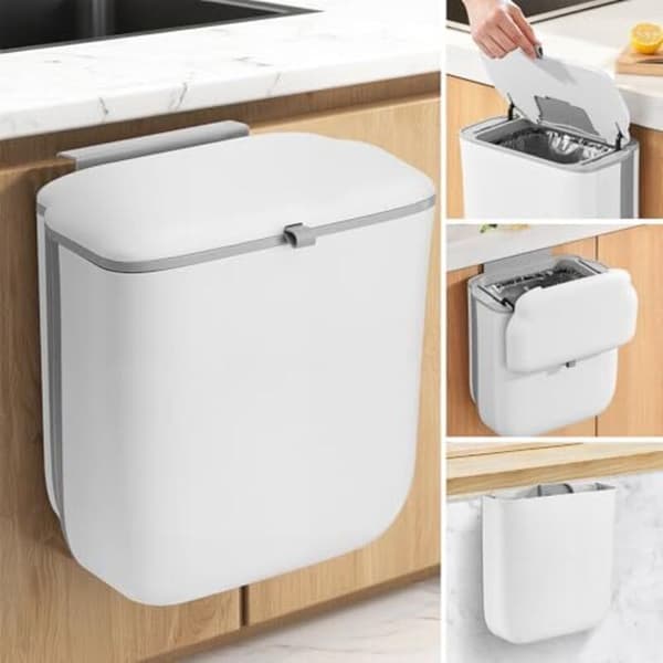Under-sink hanging bin, 10 L, with odor-proof lid, foldable, perfect for bathroom, camping and caravans (white)