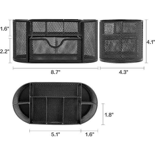 Mesh Desktop Organizer with Drawer, Metal Office Supplies Organizer, Pen Holder, 8 Compartments, Black