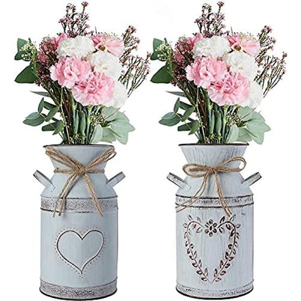 2 st rustika chic vaser vintage bondgård metallvas för blommor, galvaniserad mjölkkanna med hjärtdesign för trädgårdsdekoration