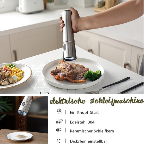 Elektrisk pepparkvarn, kryddkvarn i rostfritt stål, peppar, salt
