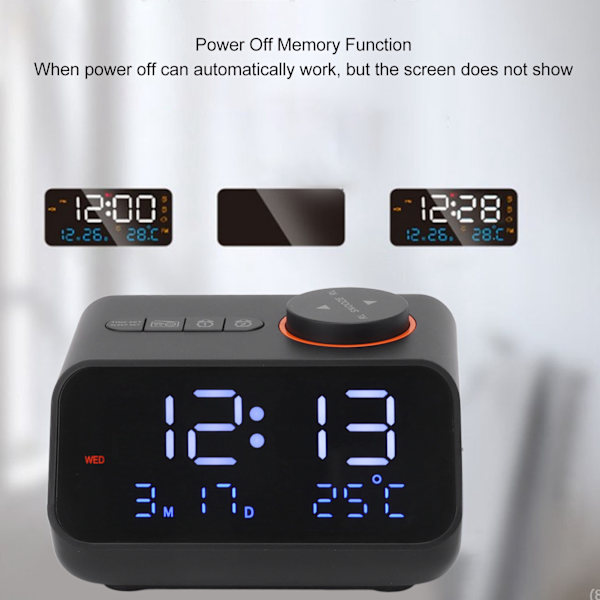 Svart väckarklockradio LED digital väckarklocka med FM-radio musik temperatur fuktighet display