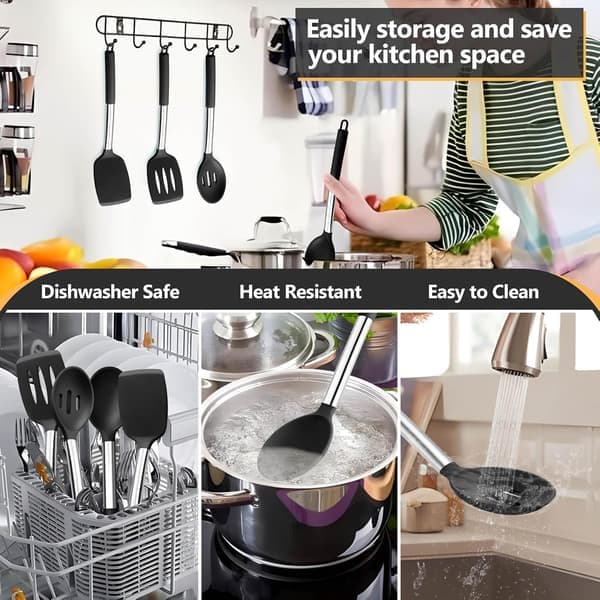 Black Kitchen Utensil Set with 4 Solid Silicone Spatulas, Slotted Spoons, Turners for Non-Stick Cookware, Flipping, Mixing, Heat Resistant