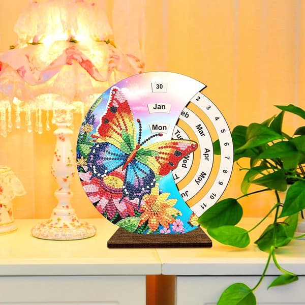 Evighetskalender Prydnad DIY Diamantkonst Målning Trä Rund Roterbar Kalender med Cirkulär Urtavla för att Ställa In Datum Bordsdekorationer