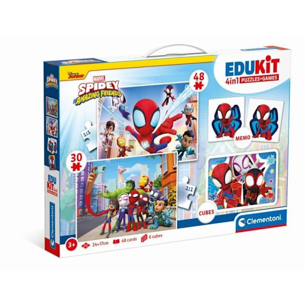 Clementoni - Edukit - 4 i 1 Spidey box set - Ett pussel med 30 och 48 bitar, ett memo och sex kuber - från 4 år och uppåt