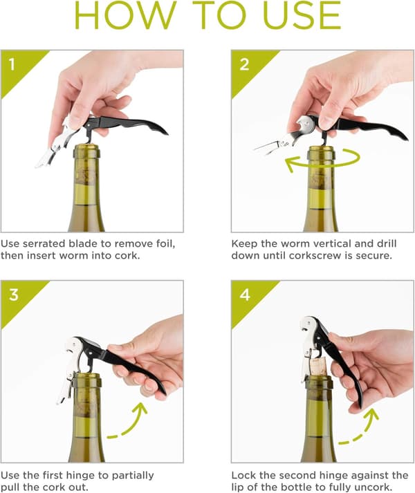 Double-Hinged Waiter's Corkscrew Matte Black Wine Bottle Opener with Foil Cutter Wine Key