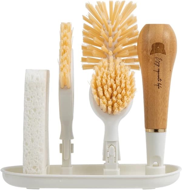 4-in-1 Kitchen Sink Brush Set, Bamboo Handle Grout Brush with Storage Holder, Replaceable Brush Heads and Cleaning Tools for Bottles, Dishes