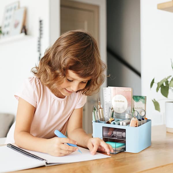 Desktop Pen Holder, Desk Storage Box with 2 Drawers, 5 Compartments, Desk Organizer for Office, School, and Home Use.