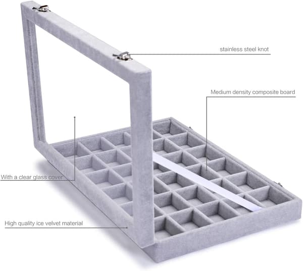 30 rum fløjlsforet glas smykker ring armbånd display organizer etui holder øreringe opbevaringsboks